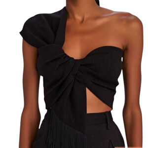 Just BEE Queen Luna One Shoulder Fringed Bandeau Top Black Linen Blend Large NWT